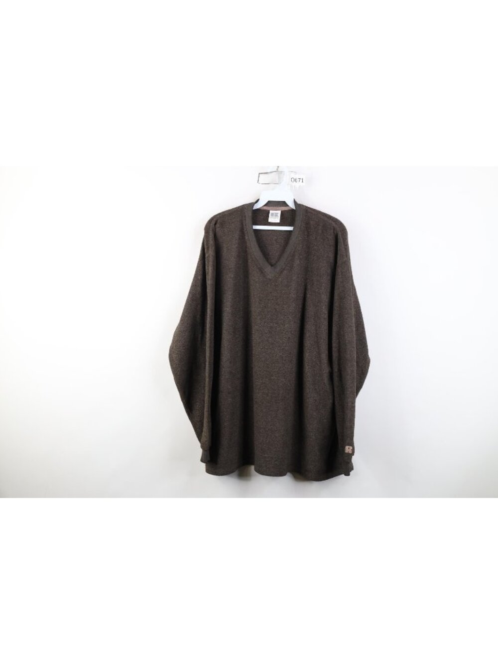 Vtg 90s Russell Athletic Mens Large Distressed Blank Fleece V-Neck Sweatshirt